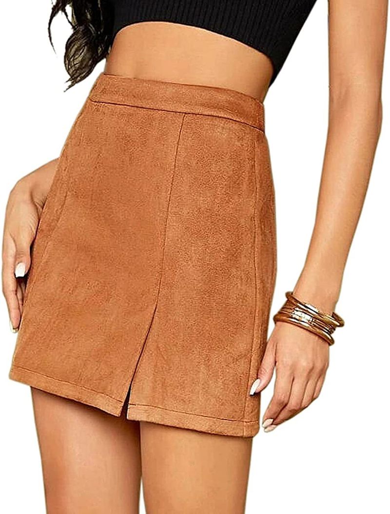 2024 Women's Suede Wrapped Hip Short With High Waist Zipper, Autumn And Winter Sexy A-line Solid Color Skirt_voghion.com