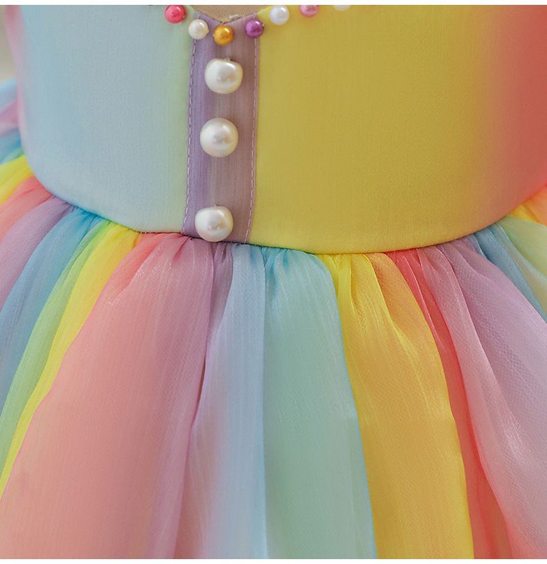 Girls' One Year Old Dress Tutu Skirt Summer Baby Girl Puff Sleeve Princess Dress Children's Rainbow Gradient Dress_voghion.com