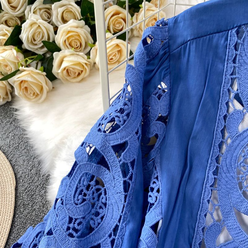 Ensemble trois pièces pour femme, haut à manches lanternes et jupe taille haute, style doux, crochet rose, dentelle ajourée, motif floral_voghion.com