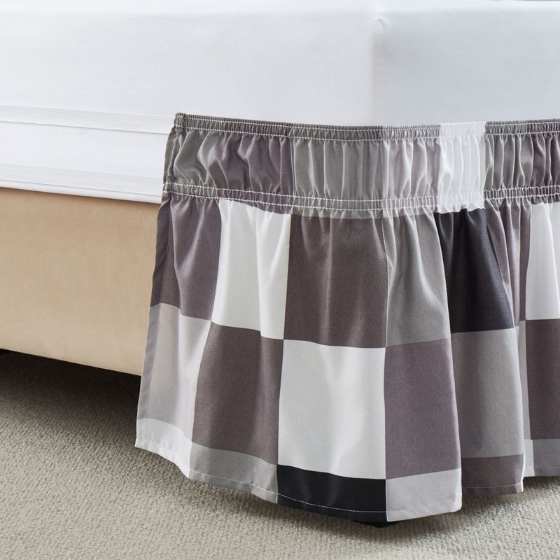 Gonna da letto scozzese grigia, bianca, nera e marrone, pezzo unico, grembiule da letto plissettato elastico, gonna da comodino in lino per hotel_voghion.com