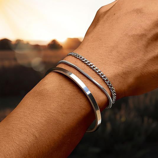 New Fashion Stackable Cuff Stainless Steel 3-Piece Layered Bangle Snake Cuban Chain Bracelet Set_voghion.com