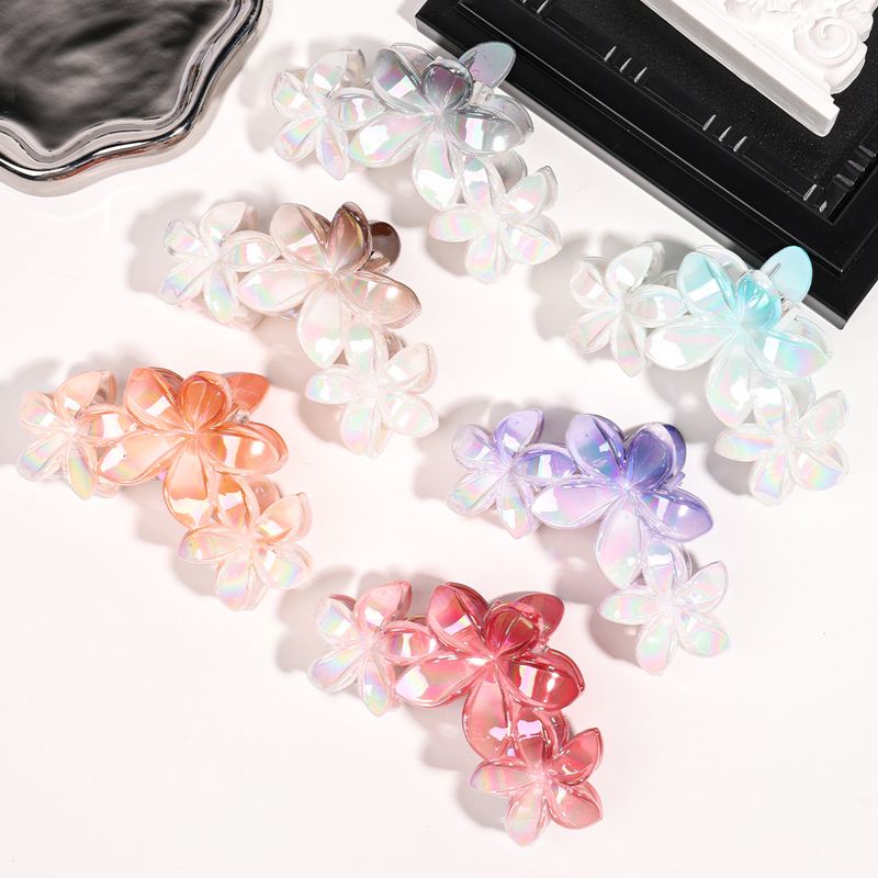 Gradient Premium Iridescent Triple Plumeria Claw Clip - Electroplated One-Piece Elegant Back-of-Head Updo Shark Clip_voghion.com