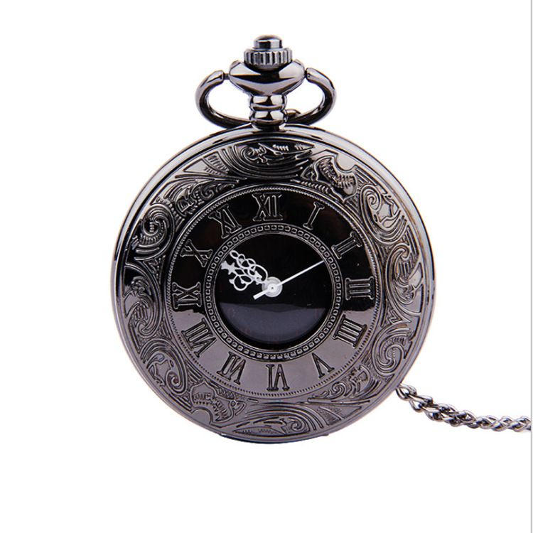 Large Classical Dual Display Black Face Roman Numerals White Hands Retro Pocket Watch_voghion.com