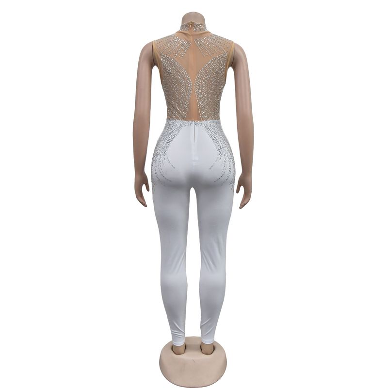 Vêtements pour femmes mode femmes couleur unie maille presse perceuse sans manches pantalon combinaison_voghion.com