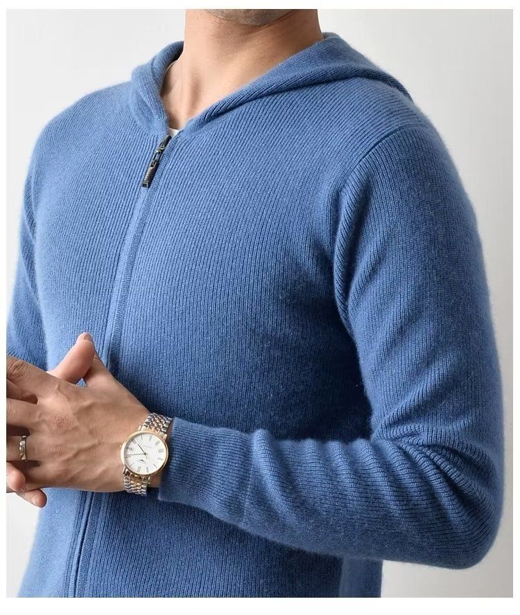 Men's Cashmere Hooded Cardigan – Soft Knit Zipper Sweater (Light Blue/Black/Grey/Dark Blue, Sizes M-3XL)_voghion.com