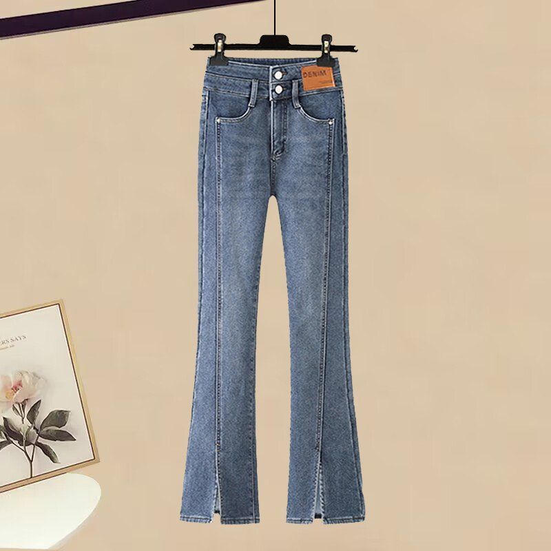 Conjunto de suéter de malha e calça jeans flare feminino para outono e inverno - corte justo, confortável e estiloso (várias opções de cores)_voghion.com