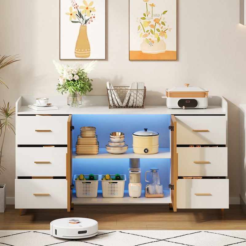 Küchenschrank Weiß 160x87cm, 6 Schubladen, Glastüren, LED-Beleuchtung, Goldgriffe_voghion.com