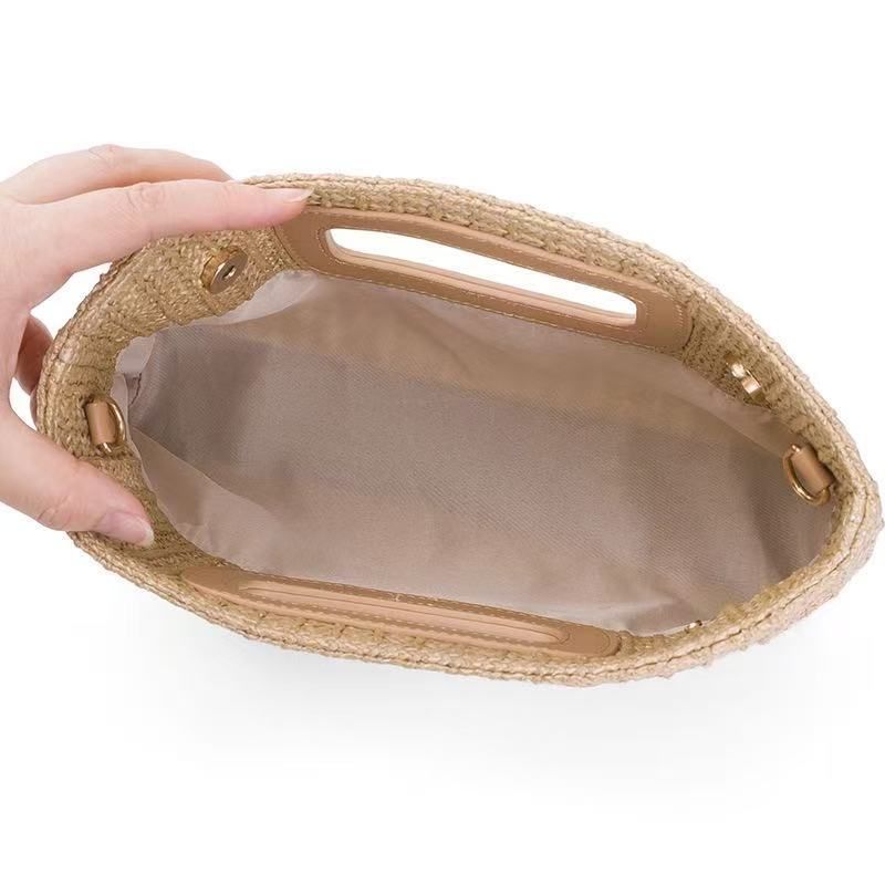 Borsa da spiaggia in paglia da donna con tracolla a catena - Borsa tote e a tracolla intrecciata alla moda per donna_voghion.com