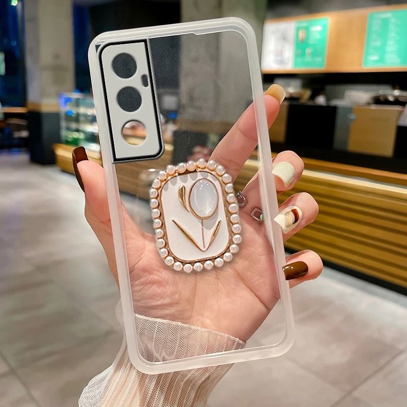 Für Samsung S21 S24 S23 Note 20 Ultra S20 FE S22 Perle Blume Stand Fall Transparent Bump Cover_voghion.com