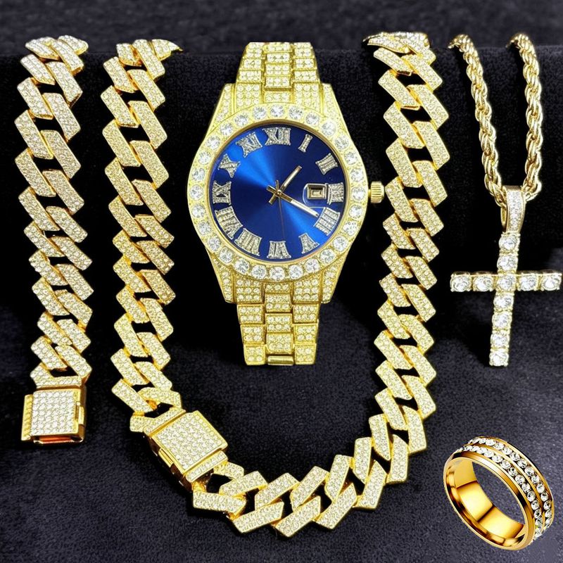 FENSIR Orologio al quarzo con diamanti e set di gioielli con catena a maglie cubane e ciondolo a croce - Accessori moda da 5 pezzi per uomo e donna_voghion.com