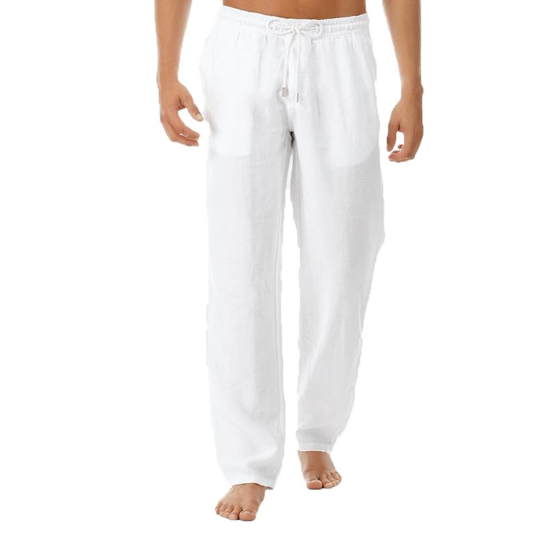 Pantalones largos de lino y algodón informales de color liso a la moda para hombre 2021_voghion.com