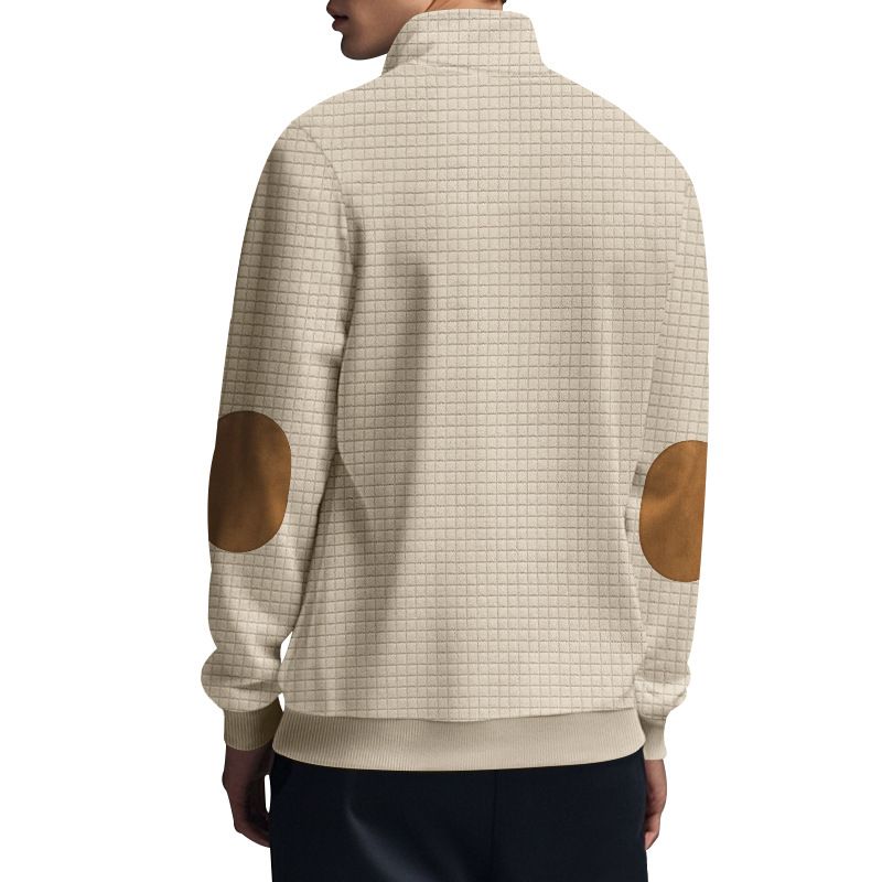 American Style Autumn Winter Men's Casual Sweatshirt Jacquard Small Square Embroidery Patchwork Stand Collar Loose Top_voghion.com