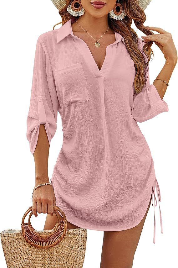 Women's Summer Beach Cover-Up Dress With V-Neck & Drawstring - Lightweight Polyester Swimwear Tunic For Bikini & Swimsuits_voghion.com
