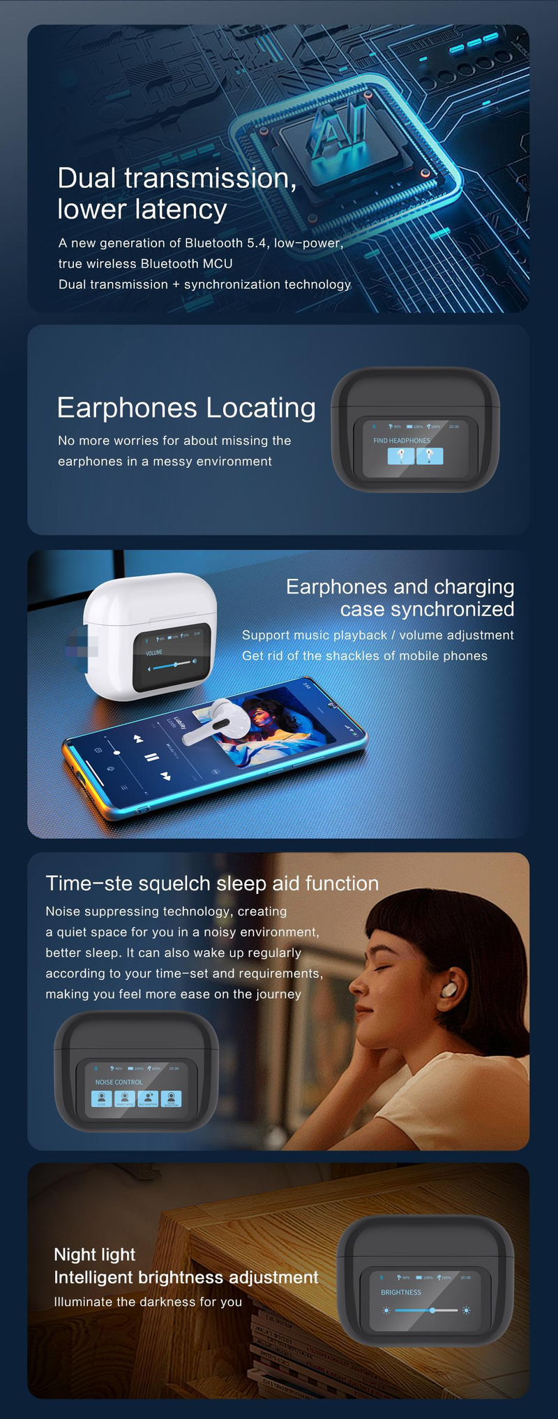 2024 Tecnologia nera LCD Smart Touch Screen a colori Cancellazione attiva del rumore Cuffie wireless Bluetooth ANC+ENC_voghion.com