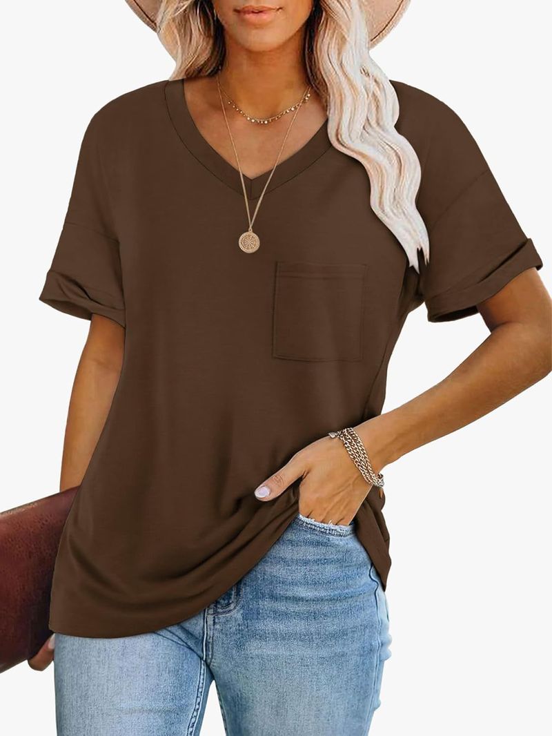 Maglietta a maniche corte con scollo a V e tasca in tinta unita da donna_voghion.com