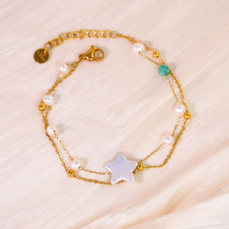 Ins Style Light Trendy Fünfzackiger Stern Herz Natürliche Perle Perlen Doppelschicht Gestapelt Titan Stahl 14K Gold_voghion.com