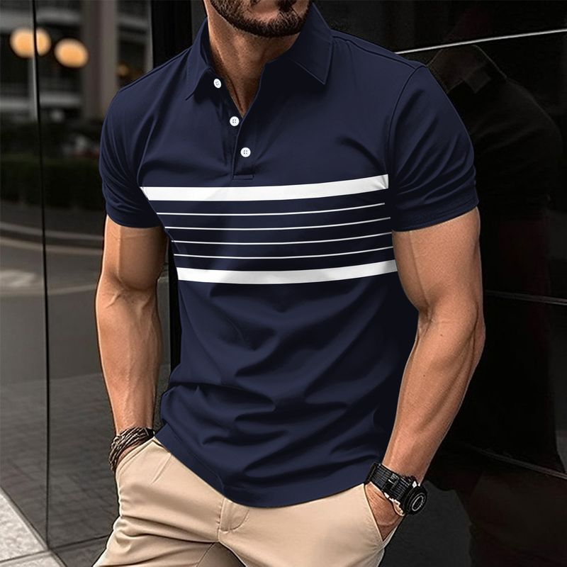 Nuova polo casual da uomo stampata, estiva, con scollo a V, bottoni, maglia a righe, versatile, manica corta_voghion.com