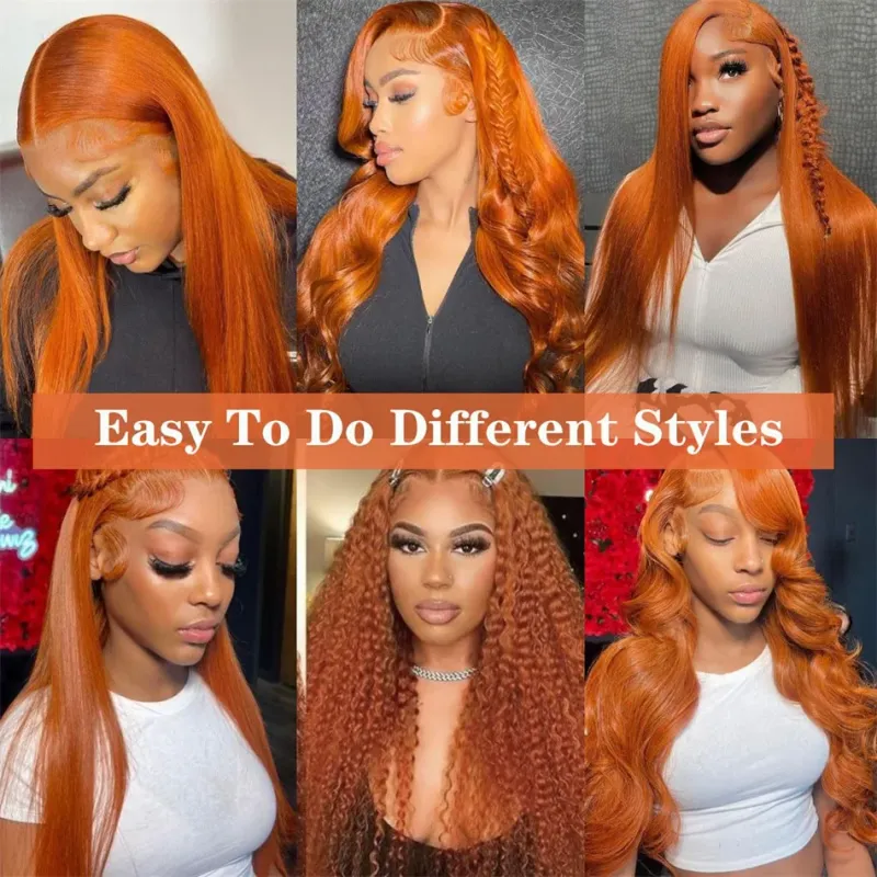 Ginger Orange Lace Front Human Hair Wig 13x4 Transparent Straight Pre Plucked Colored Remy Wigs_voghion.com