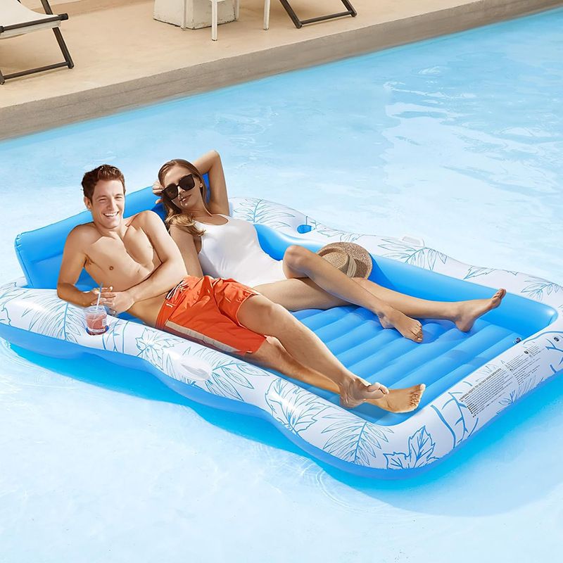 Premium Inflatable Lounge Bed - Thickened PVC With Backrest & Cup Holders (Double Sunbathing Floating Mat For Pool/Beach 200cm UV Resistant)_voghion.com