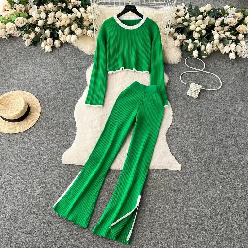 Autumn Winter 2 Pieces Women's Oufit Sets Knitted Tracksuit O-Neck Sweater And Wide Leg Jogging Pants Female Suits_voghion.com
