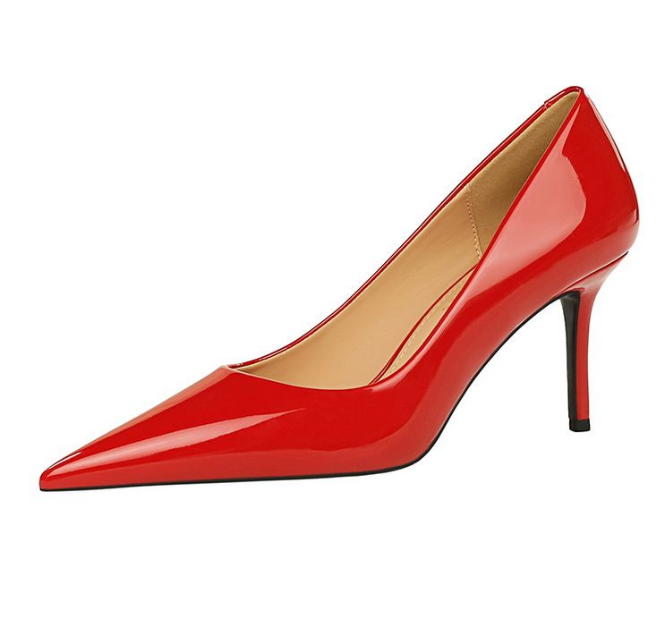 Dámské třpytivé lakované kožené lodičky na vysokém podpatku s tenkou, mělkou špičatou špičkou_voghion.com