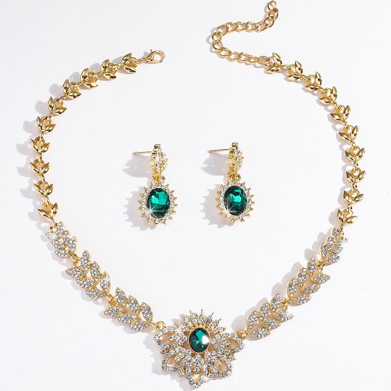 Luxury flower jewelry set, tassel alloy leaf geometric droplet earrings necklace, women's necklace_voghion.com