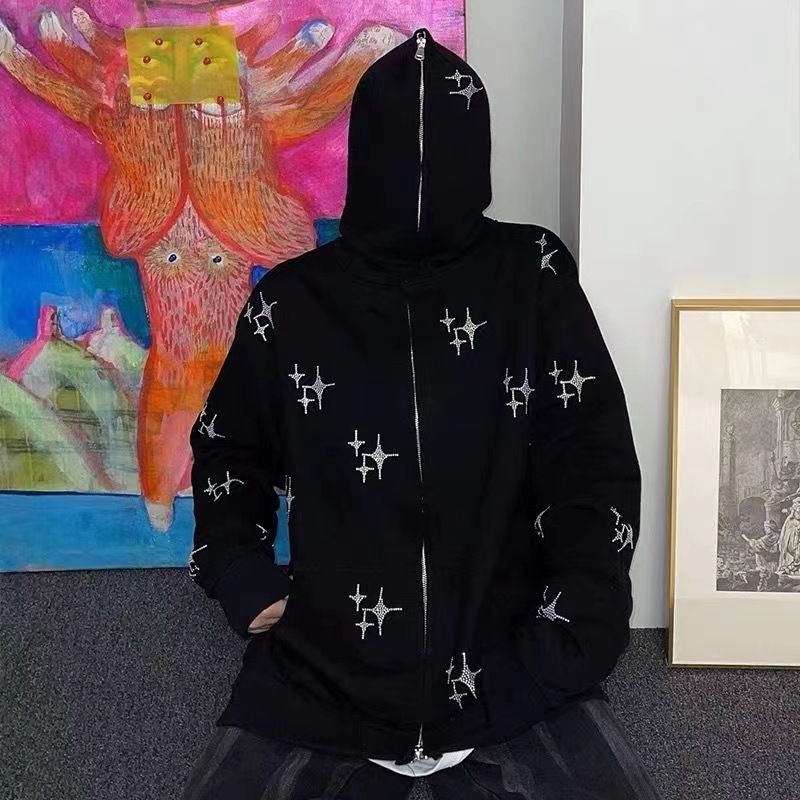 Felpa Y2K con cappuccio e cerniera, nuova maglia larga autunnale 2022 per uomo e donna con strass a stella_voghion.com