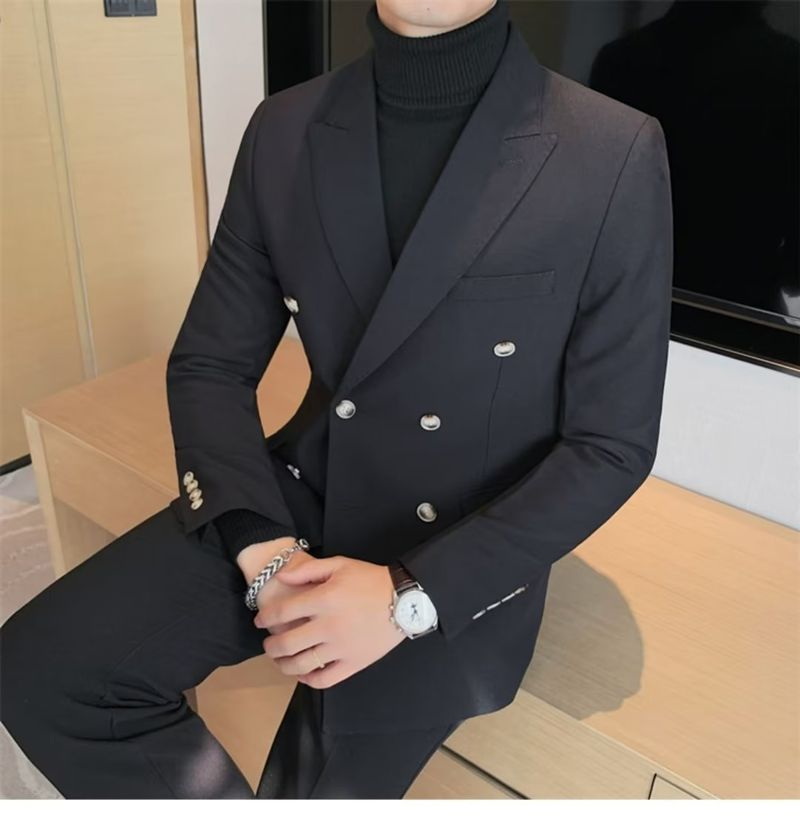Dubbelrijs Casual Pak Jas Voor Heren Blazers Lente Herfst High-end Brits Zakelijk Trendy Afslankend Glad Silhouet_voghion.com