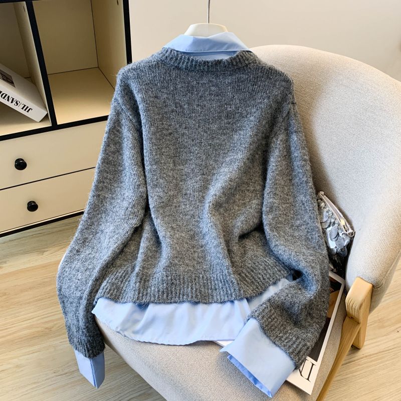 Abbigliamento da donna in stile coreano, camicia a strati e top in maglia, outfit autunnale da donna - grigio, bianco e blu_voghion.com