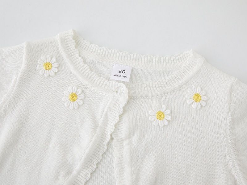 "Soft Cotton Knit Cardigan For Girls - Sunflower Embroidery Long Sleeve Open Front Sweater - Lightweight A-Class Comfort Wear For Spring Summer Fall_voghion.com