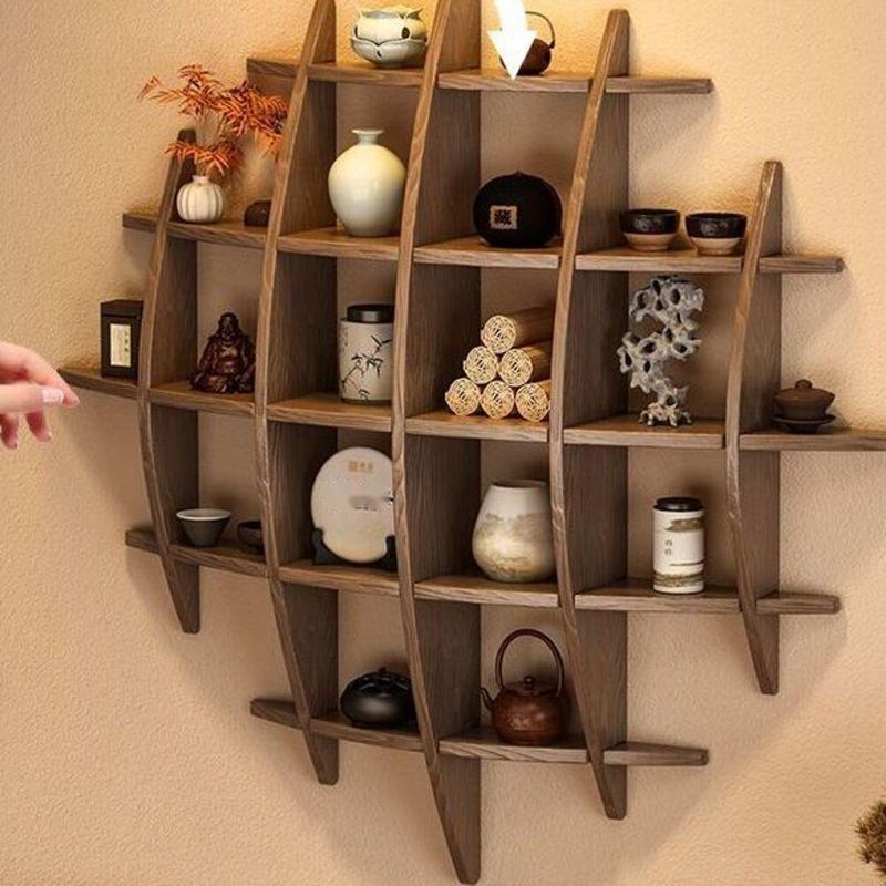 Solid Wood Storage Rack For Living Room, Cup Teapot And Tea Set Rack, Wall-Mounted Chinese Style Multi-Treasure Cabinet_voghion.com