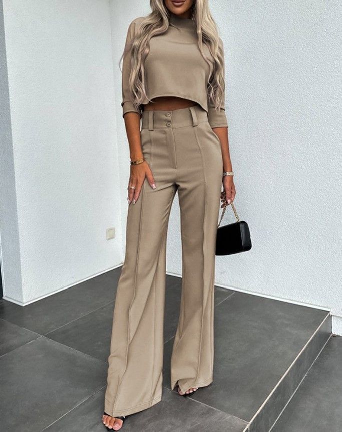Women's Casual Two-Piece Outfit Long Sleeve Top & Pants Set Comfortable Office Wear Polyester Blend Solid Color_voghion.com
