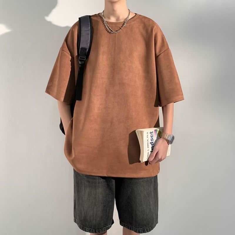 Tricou scurt pentru bărbați de vară, nou, la modă, hip-hop, din piele întoarsă, culoare solidă, cu mânecă jumătate, top de bază_voghion.com