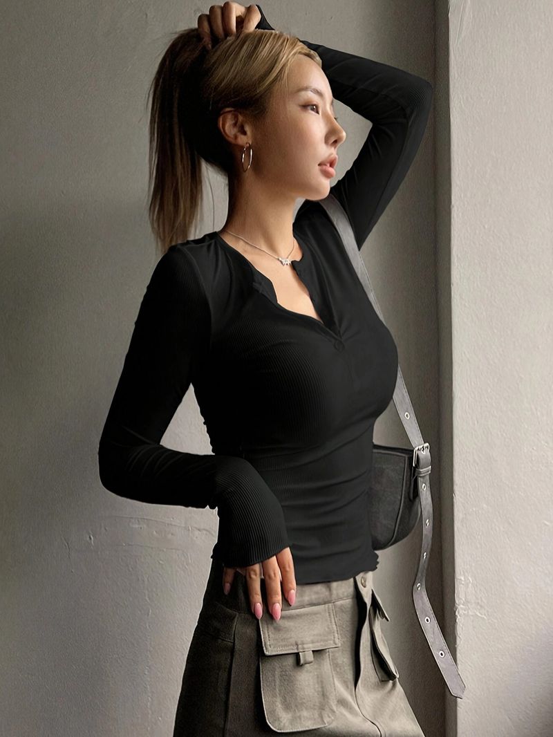 Damkläder Nytt utbud av långärmad t-shirt med halv knapptråd Sexig Hot Girl Slim Ytterkläder Damkläder_voghion.com
