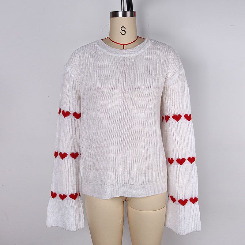 Übergroßer Langarmpullover für Damen mit Streifen- und Herzstickerei – Weicher Acryl-Strickpullover, Rundhalsausschnitt, süßes Freizeitoberteil_voghion.com