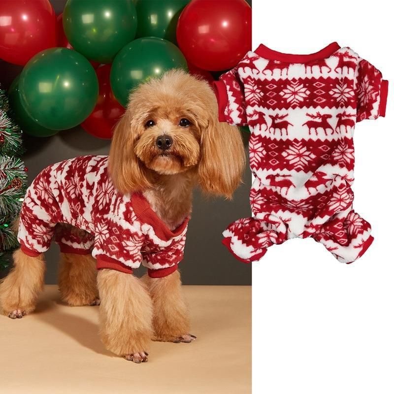 Pet Clothes Candy Reindeer Snowflake Pattern Ribbed Crew Neck Coral Warm Dog Four-Legged Fleece Jacket_voghion.com