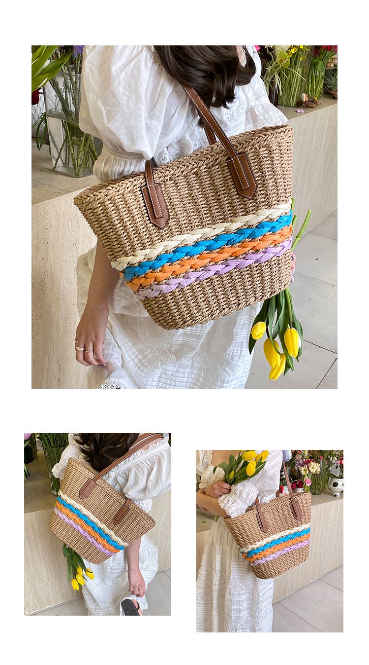 Straw Bag Woven Bag Boho Style Single Shoulder Straw Bag Rainbow Stripe Braided Bag Seaside Holiday Beach Bag_voghion.com
