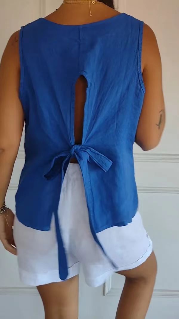 Dameskleding Zomer Casual Effen Katoenen en linnen V-hals Mouwloos vest_voghion.com