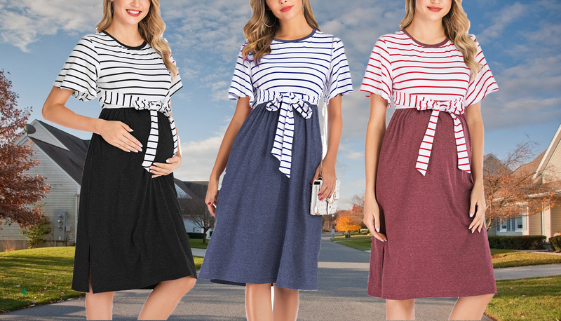 Abbigliamento donna Moda Manica corta Abito a righe Girocollo Donne incinte Grande Swing_voghion.com