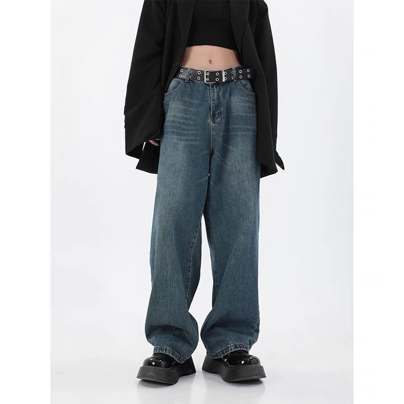 Gadebrede, afslappede og alsidige, løse, lige ben, vaskede denim-dadbukser til mænd og kvinder_voghion.com