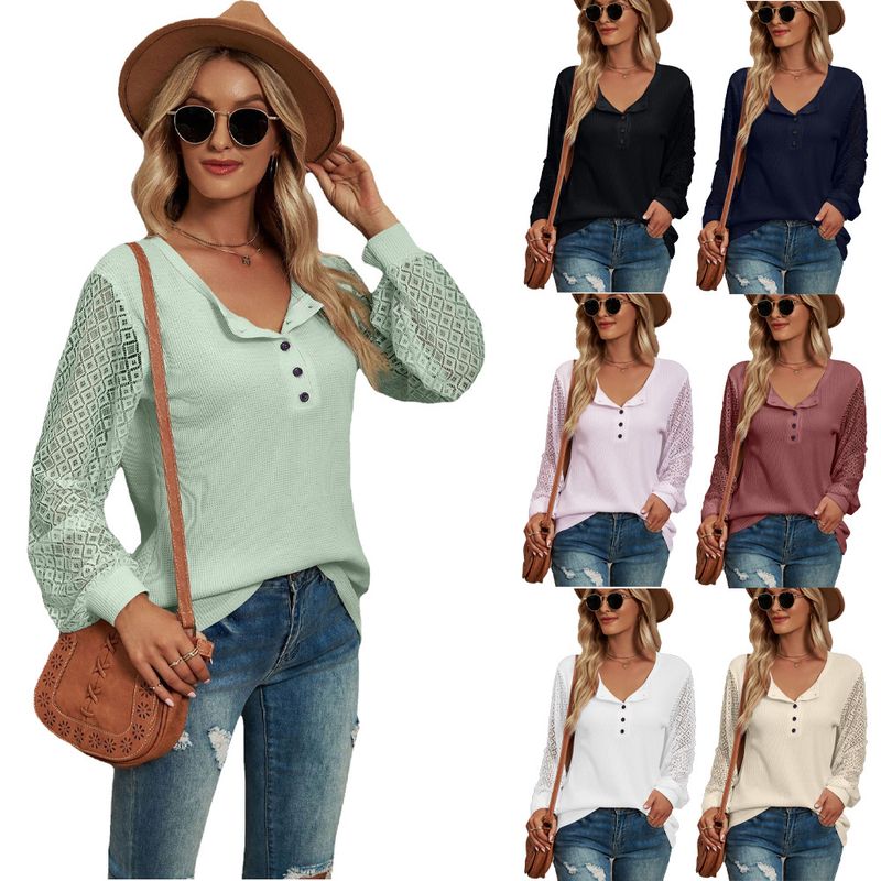Women's Clothing Casual Waffle Grace Panel Long Sleeve Button T-shirt Top_voghion.com