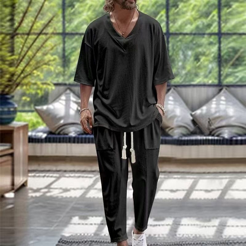 Unschlagbare Qualität Ins Frühling Herbst Herren Baumwolle und V-Ausschnitt T-Shirt Casual Kurzarm Hose Strand Set_voghion.com