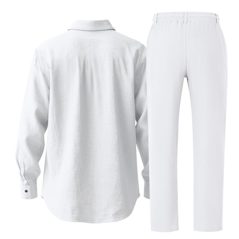 Completo camicia da uomo casual in lino con maniche lunghe, stile americano, sottile, autunno-inverno_voghion.com