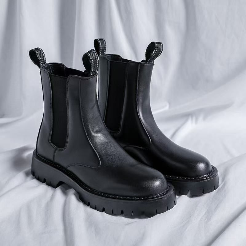Chelsea Boots Men's High-top Leather Shoes, Cigarette Boots, Martin Boots Men's Velvet Black Boots Men's_voghion.com