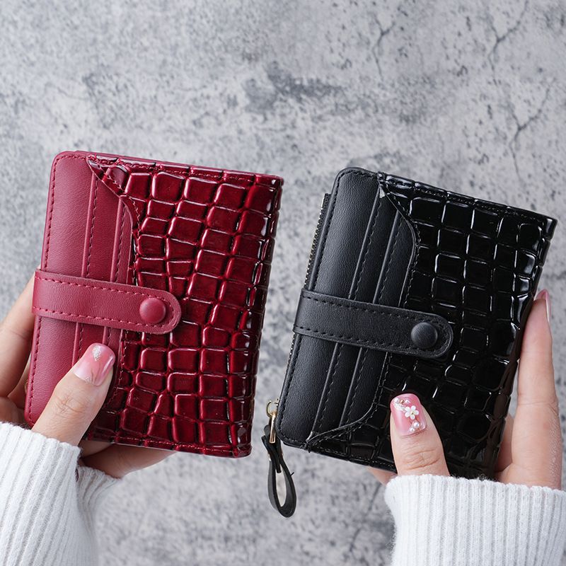 Portafoglio con fibbia modello coccodrillo con motivo pietra da donna, portamonete con cerniera corto stile coreano_voghion.com