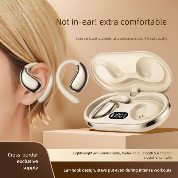 Écouteurs intra-auriculaires Bluetooth sans fil à clip pour jeux, texture cuir classique, réduction de bruit active, longue autonomie._voghion.com