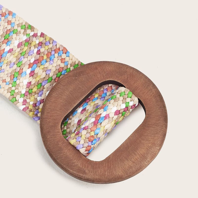 Damengürtel Sommer PP Stroh gewebt elastisch bunt Holz quadratische Schnalle Gürtel Gurtband_voghion.com