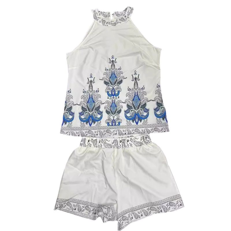 Audday 2024 New Women's Summer Bohemian Floral Print Top And Shorts 2-Piece Set Slimming_voghion.com
