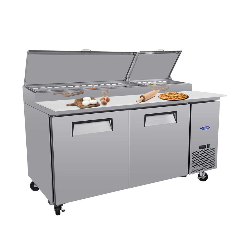 Orikool 67 IN Commercial Pizza Prep Table With A Built-in Refrigerator 20.3 Cu.Ft, Butcher Block Cutting Board, Protection Lid, Cold Storage, And Smooth-Rolling Casters, ETL Certified_voghion.com