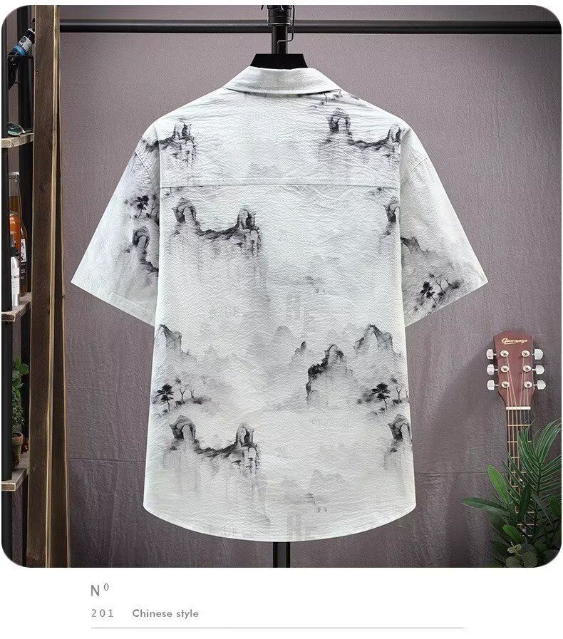 Camicia da uomo a maniche corte, vestibilità comoda, con stampa di paesaggio cinese, tessuto traspirante in seta ghiacciata (taglie dalla M alla 4XL)_voghion.com